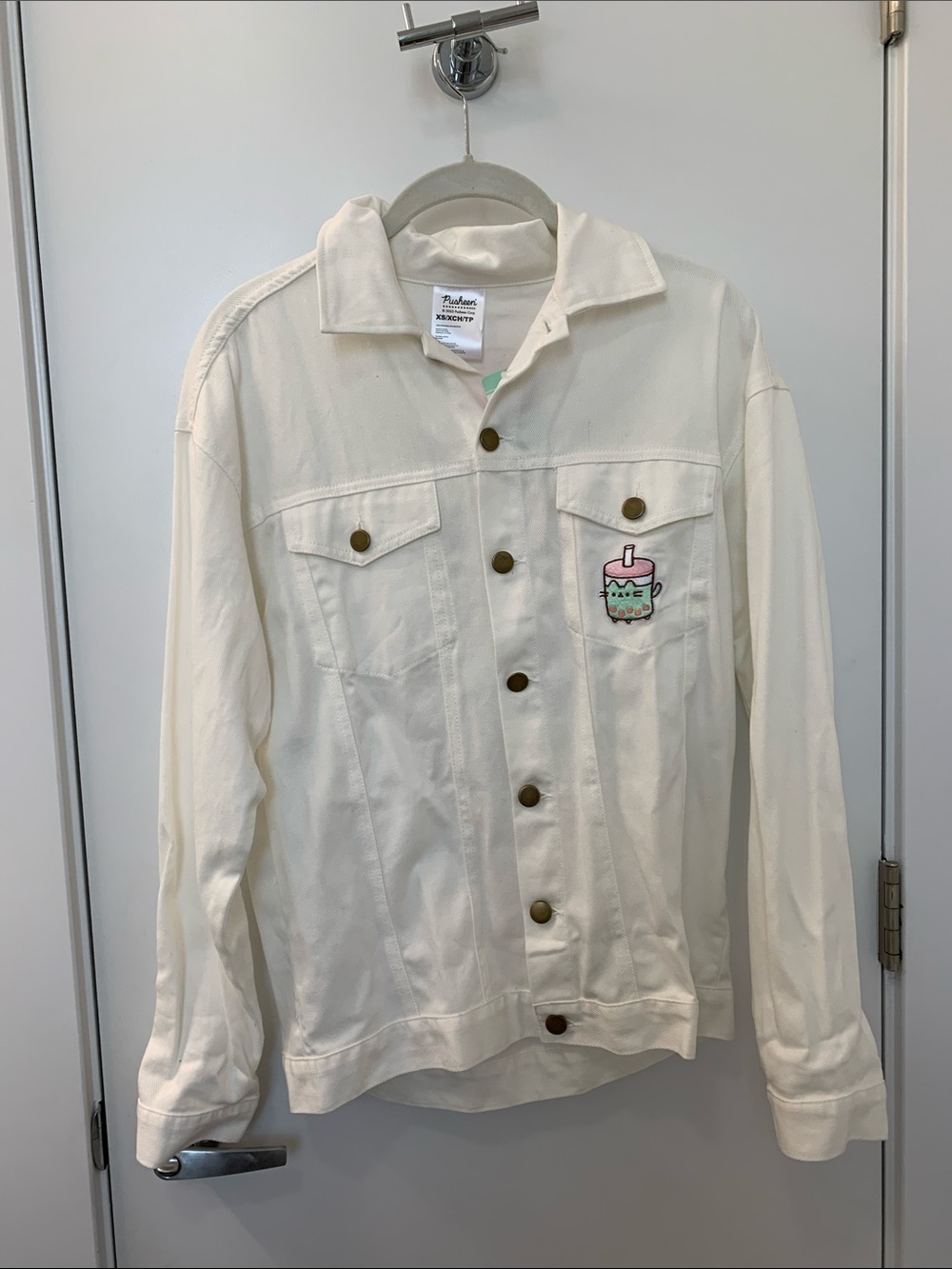 Pusheen Cream Button-Down Denim Long Sleeve Shirt with Pusheen Boba Patch